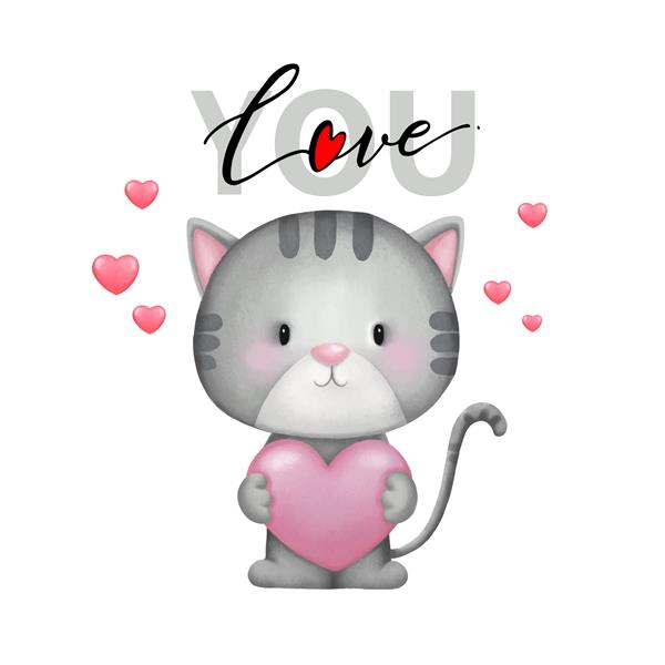 کارت روز ولنتاین با گربه خاکستری بامزه که بالش قلبی صورتی در دست دارد