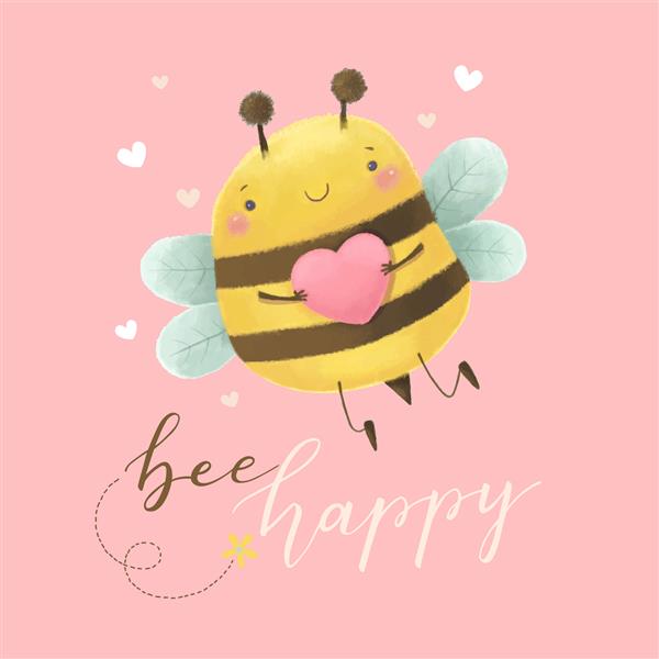 زنبور ناز که قلب صورتی را در دست دارد با زنبور نقل قولی شاد در پس زمینه صورتی کارت روز ولنتاین