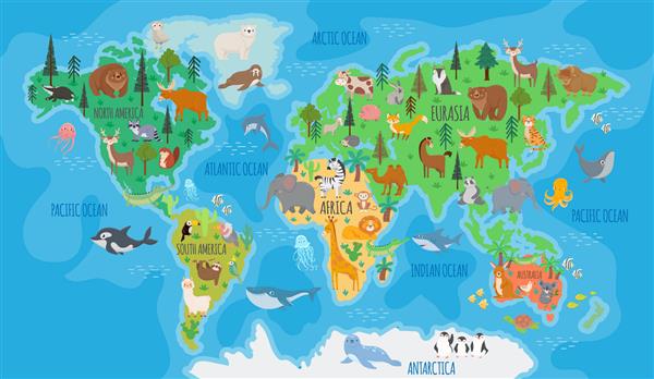 نقشه کارتونی جهان برای بچه ها مهد کودک با حیوانات جنگل آموزش جغرافیای کودکان با وکتور پوستر اروپا آسیا استرالیا و آمریکا