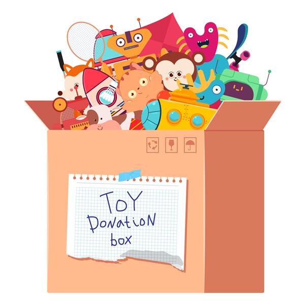تصویر کارتونی وکتور جعبه اهدای اسباب بازی جدا شده در پس زمینه سفید