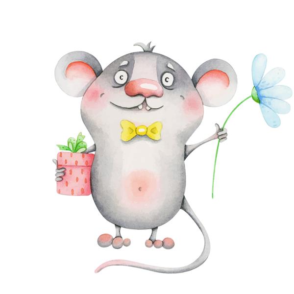 موش کوچک ناز با یک گل و یک تصویر آبرنگ هدیه