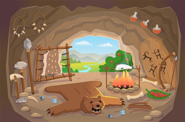 فضای داخلی غار دنج مرد باستانی عصر حجر با گردنبند آتشین فرش خرس از غار استخوان