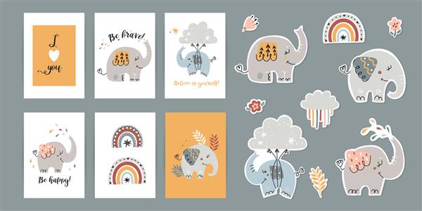 مجموعه پوستر با برچسب عبارات انگیزشی با فیل