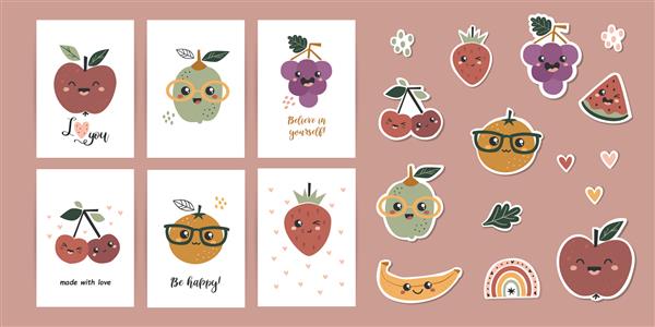 مجموعه پوستر با برچسب عبارات انگیزشی با میوه های زیبا