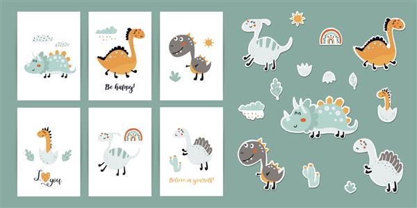 مجموعه ای از پوستر با برچسب عبارات انگیزشی با دایناسورهای زیبا