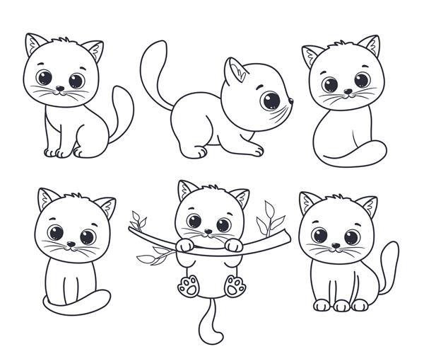 مجموعه ای از کانتورهای بچه گربه های ناز وکتور تصویر کارتونی