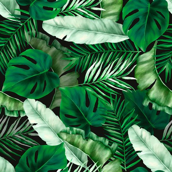 الگوی بدون درز آبرنگ برگ های سبز استوایی زیبا