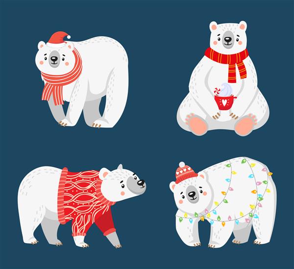 شخصیت‌های بامزه خرس‌های قطبی کریسمس با ژاکت‌های ژاکت در تعطیلات زمستانی کلاه بابا نوئل و روسری حیوانات قطبی