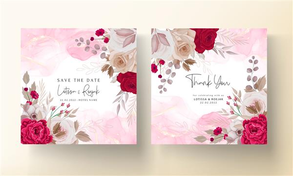 ست قالب دعوت عروسی گلدار با تزیین گل و برگ رز قهوه ای و خرمایی