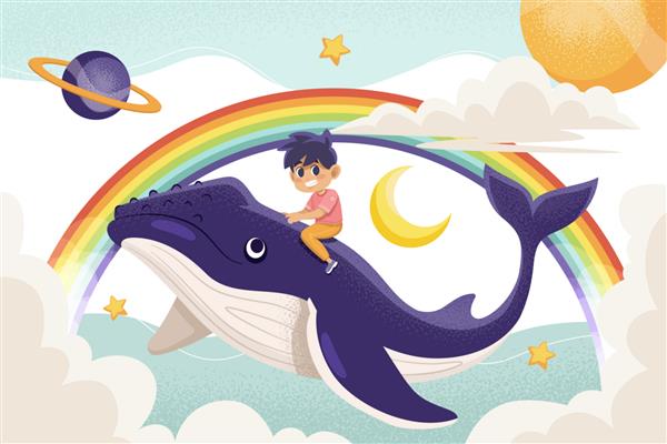 رویای جادویی با دست کشیده شده با بچه روی نهنگ