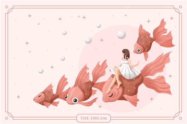 رویای جادویی با دست کشیده شده با دختر و ماهی