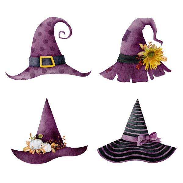 مجموعه ای از کلاه جادوگر بنفش هالووین آبرنگ مجموعه 2 تصویر برداری