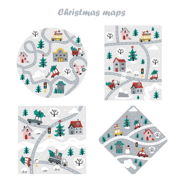 مجموعه ای از نقشه های کریسمس از منطقه با ماشین خانه و درخت کریسمس