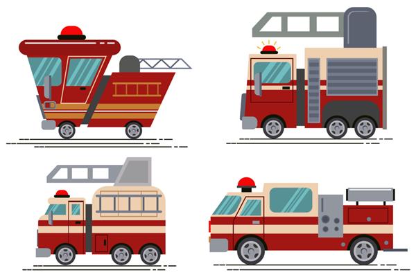 مجموعه آیکون ماشین آتش نشانی کارتونی جدا شده روی سفید