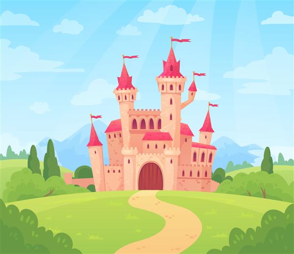 منظره افسانه ای با قلعه برج قصر فانتزی خانه پری فوق العاده یا کارتون پادشاهی قلعه های جادویی