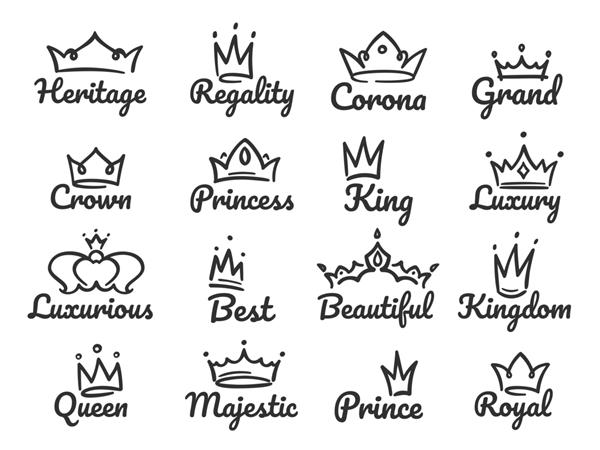لوگوی تاج با شکوه طرح شاهزاده و پرنسس تابلوی ملکه با دست کشیده شده یا مجموعه تصویرگری گرافیتی تاج پادشاه