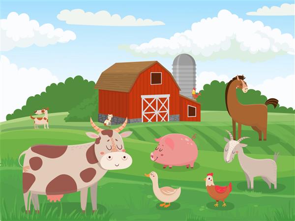 حیوانات مزرعه مزارع حیوانات روستا انبار قرمز گاو و تصویر کارتونی منظره گاو