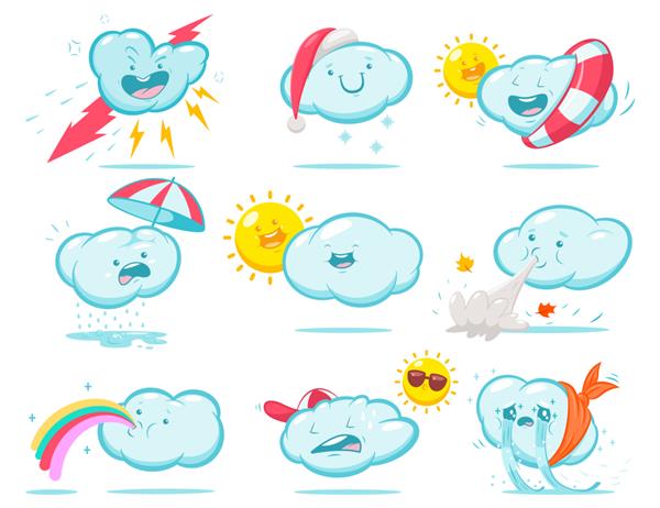 هوای کارتونی زیبا با ابر و خورشید خنده دار کاراکترهای جدا شده روی پس زمینه سفید