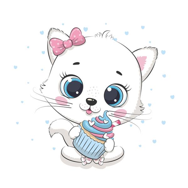 بچه گربه ناز با کیک کوچک تصویر برای حمام نوزاد کارت تبریک دعوت نامه مهمانی چاپ تی شرت لباس مد