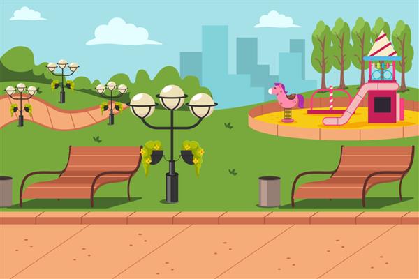 پارک شهری با نیمکت فانوس و زمین بازی برای کودکان کارتون تصویر منظره شهری مسطح