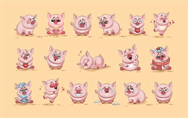 مجموعه کیت مجموعه تصاویر سهام تصاویر شکلک های کارتونی خوک شخصیت های شکلک ایزوله شکلک با احساسات مختلف
