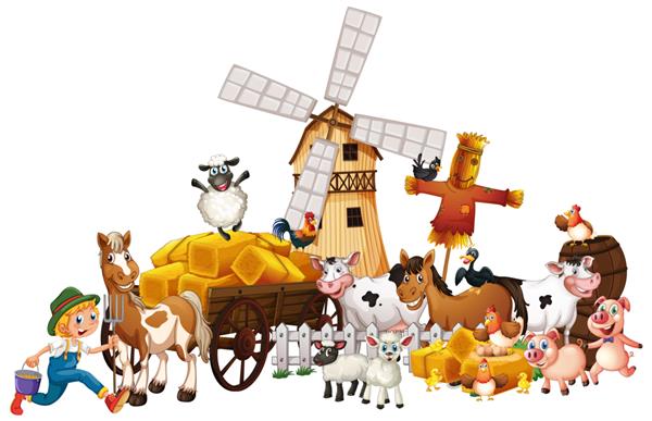مزرعه حیوانات با سبک کارتونی آسیاب بادی جدا شده