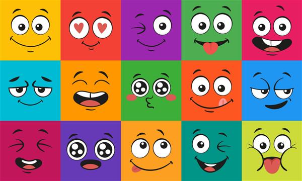 حالات چهره کارتونی چهره‌های متعجب شاد شخصیت‌های ابله مجموعه تصویرسازی دهان و چشم
