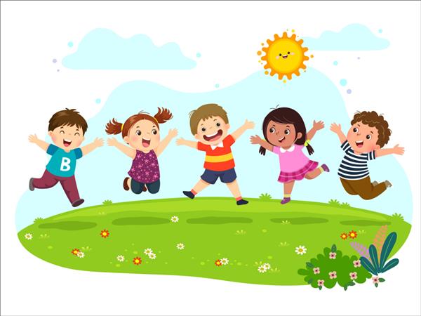 گروهی از بچه های شاد که روی چمنزار تابستانی می پرند