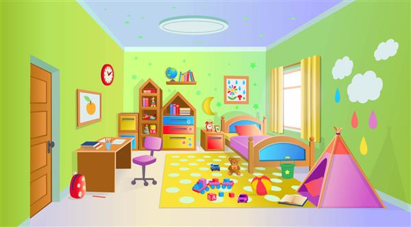 اتاق کودکان دنج با اسباب بازی تصویر برداری به سبک کارتونی