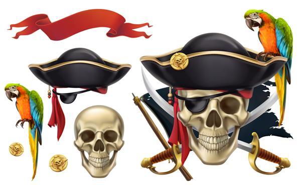 جمجمه و طوطی نمادهای دزدان دریایی علائم دزدان دریایی مجموعه کلیپرت وکتور