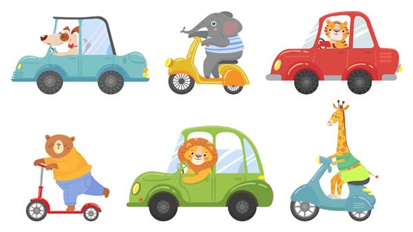 حیوانات زیبا در حمل و نقل مجموعه تصویر برداری کارتونی حیوان روی اسکوتر ماشین رانندگی و سفر باغ وحش