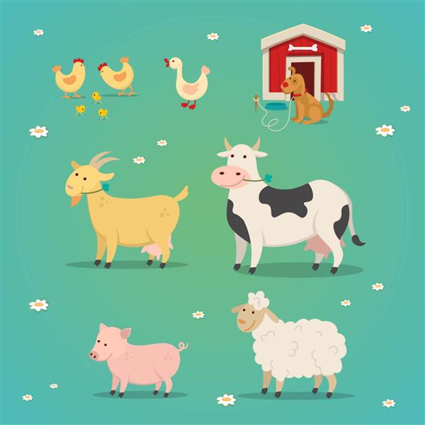 مجموعه ای از حیوانات مزرعه به سبک کارتونی تخت تصویر مرغ گاو بز خوک اردک سگ