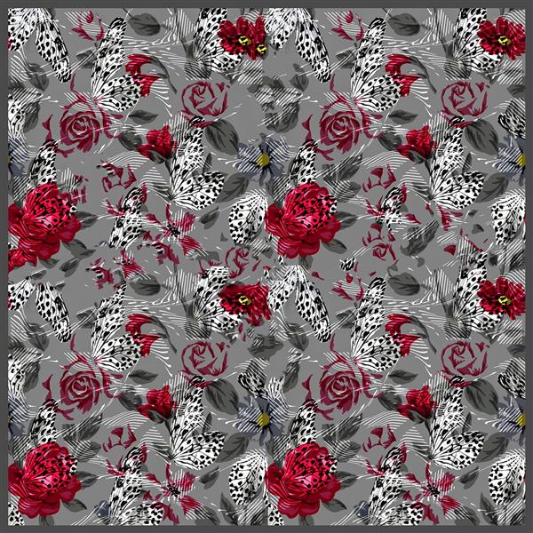 طرح روسری آبرنگی با گلهای نقاشی شده به رنگهای قرمز و با زمینه طوسی