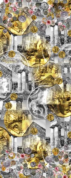 شال دیجیتال با زمینه شهر و سکه در دوطرف شال