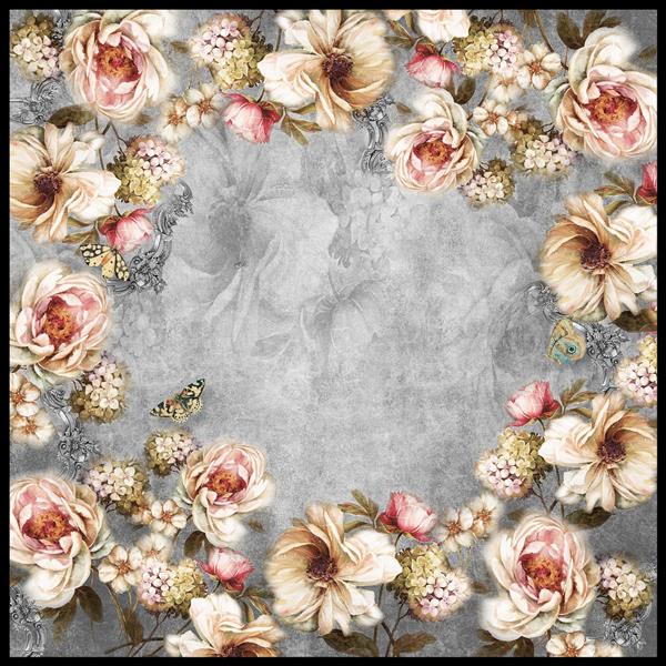طرح روسری برای چاپ دیجیتال با گلهای درشت دیجیتالی در حاشیه زمینه ترام طوسی سفید