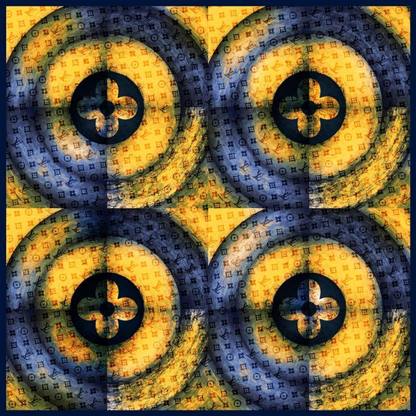طرح روسری فرگامو هندسی آبرنگی دایره بزرگ در اطراف و رنگ زرد و آبی