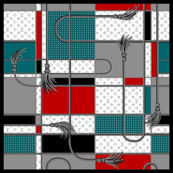 طرح روسری لوییزویتون با مربعهتی سلز آبی قرمز سفید طوسی و طناب