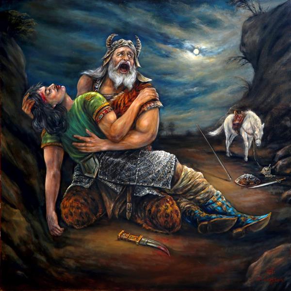 نبرد رستم و سهراب و تراژدی مرگ سهراب نقاشی رنگ روغن اثر استاد نادر لنجانی