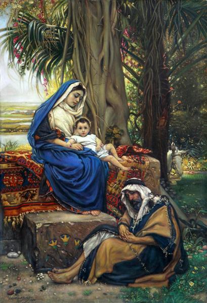 هجرت مریم مقدس به مصر تابلو رنگ روغن روی بوم رئالیسم اثر استاد نادر لنجانی