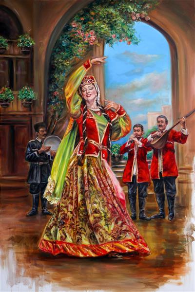 زن رقاص با لباس محلی ایرانی عشایری ترکی کردی در حال رقصیدن نوای عاشقانه نقاشی رنگ روغن از بزم سنتی و بانوی ایرانی