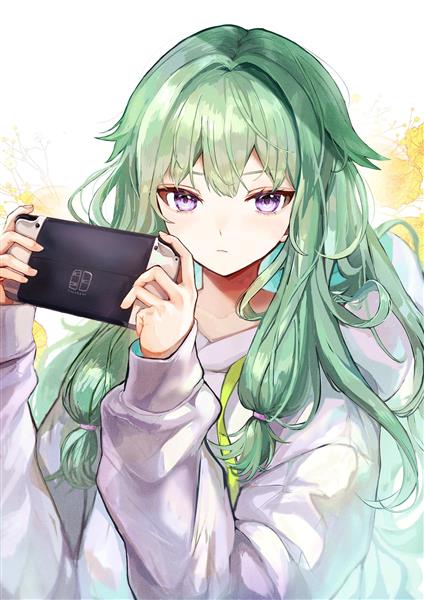انیمه دختر زیبا با موهای بلند سبز و لباس راحتی در حال بازی با پی اس پی