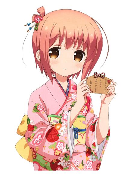 انیمه دختر زیبا با کیمونو صورتی و موهای کوتاه قهوه ای