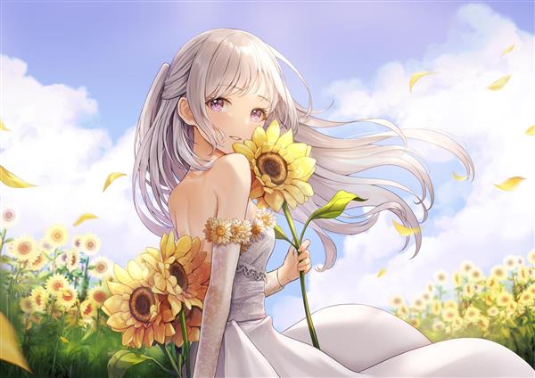 دختر انیمه ای زیبا با موها و لباس نقره ای در مزرعه گل آفتابگردان
