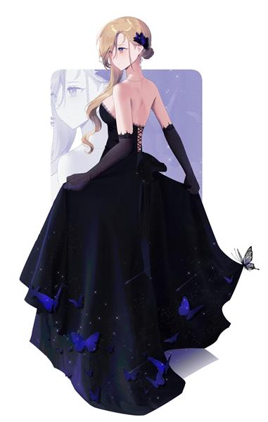 انیمه دختر زیبا با موها بلوند و پیراهن بلند مشکی و پروانه های آبی روی لباسش