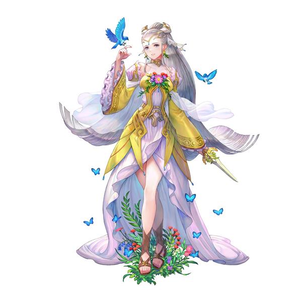 انیمه زن زیبا با پیراهن بلند بنفش و زرد ایستاده بر روی گلها و پرند برو روی دستش