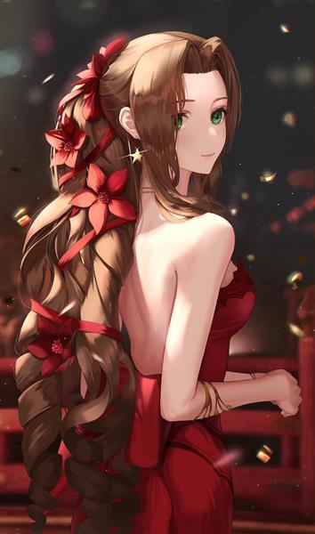 تصویر نقاشی دختر زیبا با پیراهن قرمز و موهای بلند قهوه ای بافته شده با گلهای قرمز
