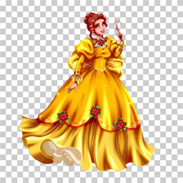 نقاشی بل زیبا با پیراهن زرد و گلهای رز قرمز روی لباسش