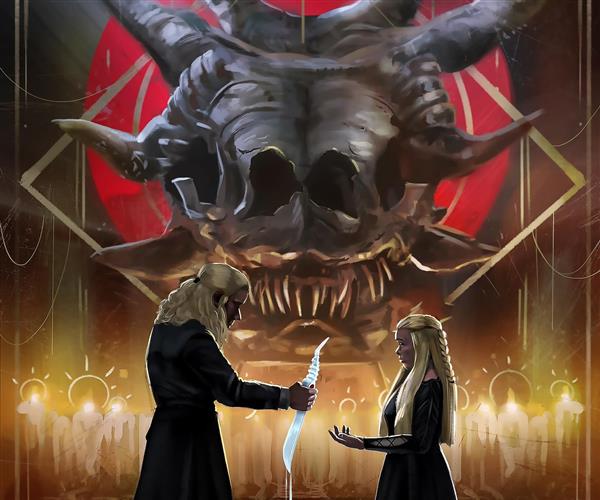 نقاشی دیمون تارگرین و پرنسس رینیرا مقابل جمجمه اژدها