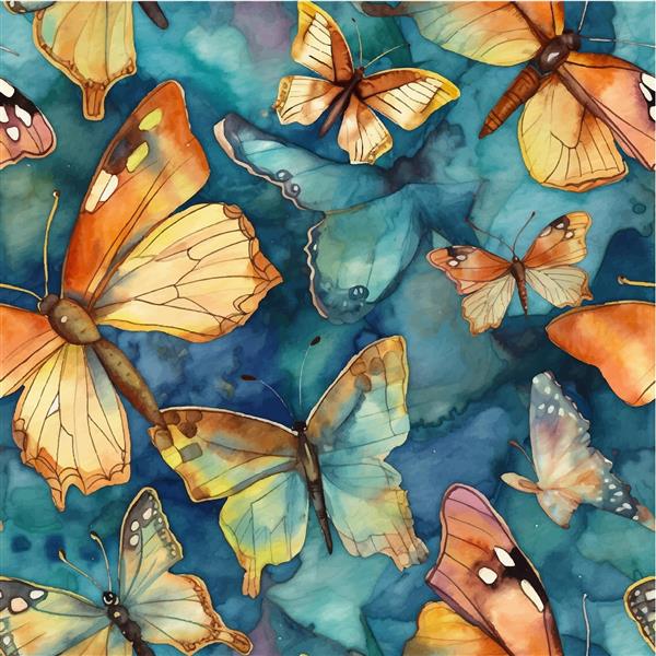 الگوی بدون درز گل و پروانه آبرنگی برای چاپ روسری پارچه با رنگهای نارنجی سبز و آبی