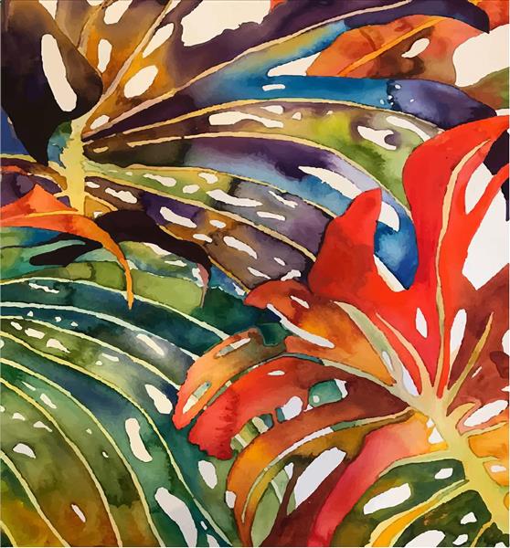 الگوی بدون درز برگهای هاوایی برای چاپ روسری پارچه با رنگهای نارنجی سبز و آبی